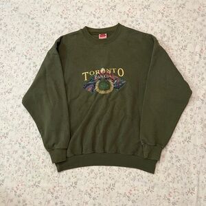 Vintage 90s Toronto Canada Crewneck Sweatshirt Olive Green Embroidery Quilted